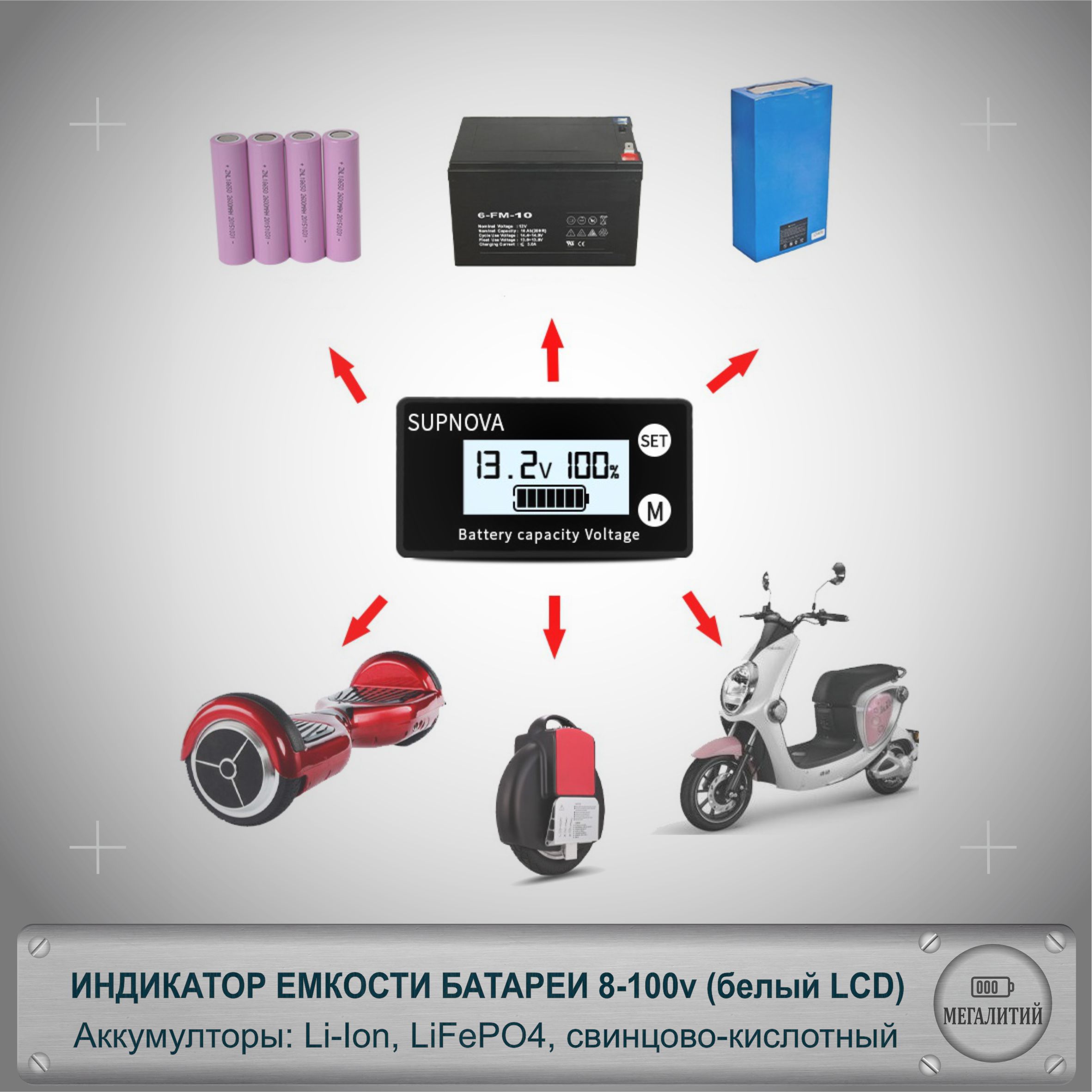 Цифровой индикатор емкости батареи 8-100в ( Li-ion, LiFePO4, кислотный аккумулятор) белый дисплей